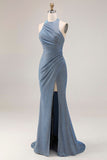 Robe de bal longue de bal de fin d’année en sirène bleu nuvel poussiéreuse avec fente