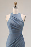 Robe de bal longue de bal de fin d’année en sirène bleu nuvel poussiéreuse avec fente