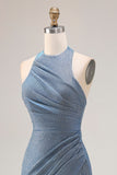Robe de bal longue de bal de fin d’année en sirène bleu nuvel poussiéreuse avec fente