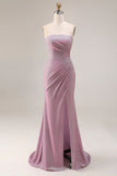 Robe de bal longue de bal sans bretelles prune, sirène poussiéreuse et fente