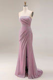 Robe de bal longue de bal sans bretelles prune, sirène poussiéreuse et fente