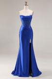 Corset sans bretelles en satin bleu royal longue robe de bal avec fente