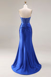 Corset sans bretelles en satin bleu royal longue robe de bal avec fente