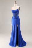 Corset sans bretelles en satin bleu royal longue robe de bal avec fente