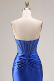 Corset sans bretelles en satin bleu royal longue robe de bal avec fente