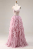 Robe de bal longue de bal en tulle rose poussiéreux à bretelles fines avec volants