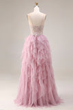Robe de bal longue de bal en tulle rose poussiéreux à bretelles fines avec volants