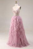 Robe de bal longue de bal en tulle rose poussiéreux à bretelles fines avec volants