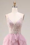 Robe de bal longue de bal en tulle rose poussiéreux à bretelles fines avec volants