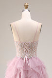 Robe de bal longue de bal en tulle rose poussiéreux à bretelles fines avec volants