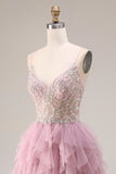 Robe de bal longue de bal en tulle rose poussiéreux à bretelles fines avec volants