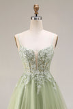 Corset en tulle vert clair ligne A à bretelles fines avec des ongles de promo longue robe de bal