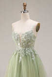 Corset en tulle vert clair ligne A à bretelles fines avec des ongles de promo longue robe de bal