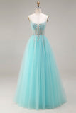 Costume de bal A-Line Mint à sequins, corset transparent perlé de perles et dentelle dans le dos