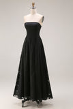 Robe formelle longue en dentelle noire sans cercles A Line avec fermeture éclair arrière