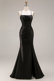 Robe longue de cérémonie sirène à bretelles fines en satin noir avec fente