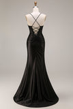 Robe longue de cérémonie sirène à bretelles fines en satin noir avec fente