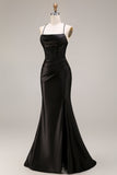 Robe longue de cérémonie sirène à bretelles fines en satin noir avec fente
