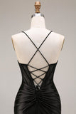 Robe longue de cérémonie sirène à bretelles fines en satin noir avec fente