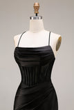 Robe longue de cérémonie sirène à bretelles fines en satin noir avec fente
