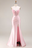 Robe de bal longue de bal en satin en satin à la taille basque rose avec fente