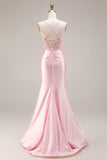 Robe de bal longue de bal en satin en satin à la taille basque rose avec fente