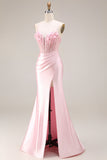Robe de bal longue de bal en satin en satin à la taille basque rose avec fente