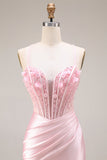 Robe de bal longue de bal en satin en satin à la taille basque rose avec fente