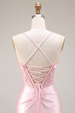 Robe de bal longue de bal en satin en satin à la taille basque rose avec fente