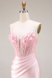 Robe de bal longue de bal en satin en satin à la taille basque rose avec fente