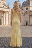 Robe de bal longue jaune à épaule unique avec broderies florales