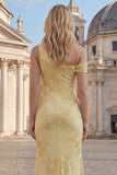 Robe de bal longue jaune à épaule unique avec broderies florales