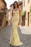 Robes de bal longues à anneau jaunes à bretelles fines broderie florale avec de longues robes de bal avec lacet dans le dos