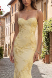 Robes de bal longues à anneau jaunes à bretelles fines broderie florale avec de longues robes de bal avec lacet dans le dos