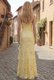 Robe de bal longue broderie florale à fourreau jaune avec fente à volants