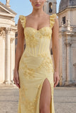 Robes de bal de promo longues à épaules, aux épaules brodées à volants et fourreau jaune