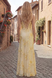 Robe de soirée longue jaune ligne A à bretelles dos lacé avec broderies florales