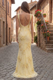 Robe de bal longue de bal brodée de sirène jaune à col carré