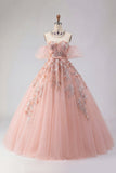 Robe de bal à ruban à épaules dénudées, appliquée et Blush Quinceañera