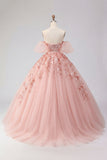 Robe de bal à ruban à épaules dénudées, appliquée et Blush Quinceañera