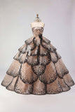 Robe de bal à étages robe de quinceañera noire abricot sans bretelles