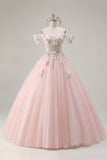 Robe de bal rose applique, à épaules dénudées, robe quinceañera