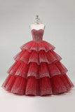Robe de bal à étages robe de quinceañera sans bustier perlée rouge
