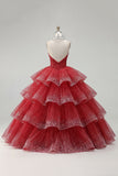 Robe de bal à étages robe de quinceañera sans bustier perlée rouge