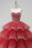 Robe de bal à étages robe de quinceañera sans bustier perlée rouge
