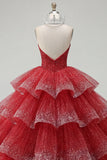 Robe de bal à étages robe de quinceañera sans bustier perlée rouge