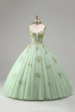 Robe de bal Corset sans bretelles verte appliquée robe quinceañera
