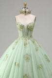 Robe de bal Corset sans bretelles verte appliquée robe quinceañera