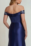 Robe de la mère de la mariée à épaules décollées, en satin à épaules décollées, avec une fente