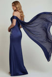 Robe de la mère de la mariée à corset marais à épaules dénudés de marine avec fente